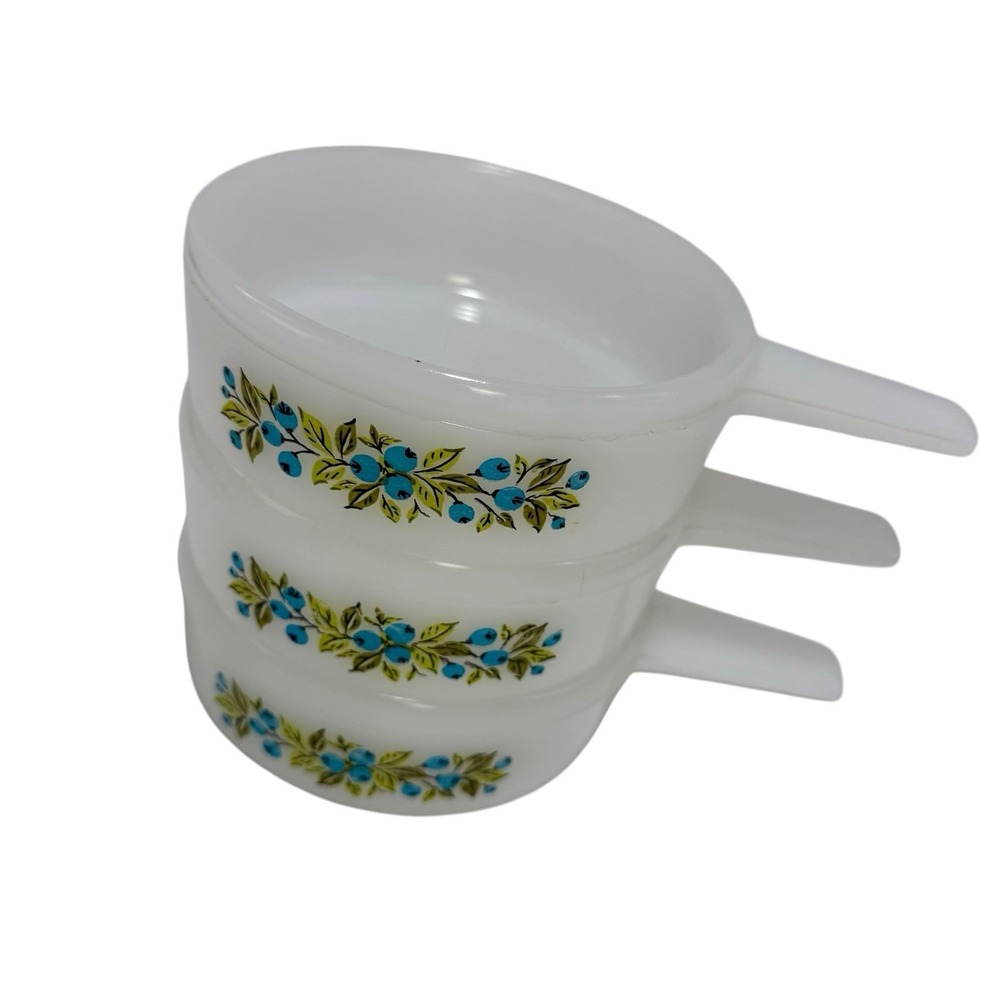 3 Jeannette Glasbake 14oz. Blueberry Pattern J-2639 Soup Bowl Handle Milk Glass